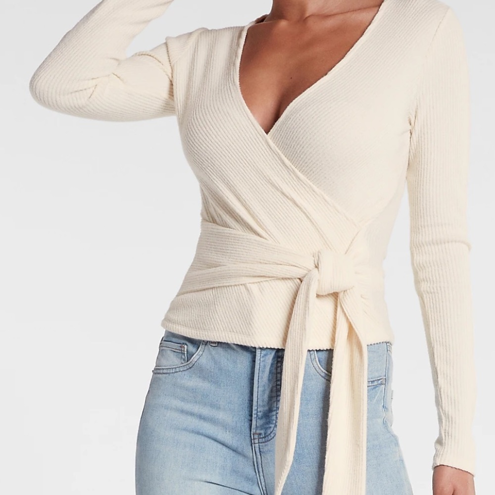 Express Women’s Ribbed Crossover Wrap Sweater Cream Size XS